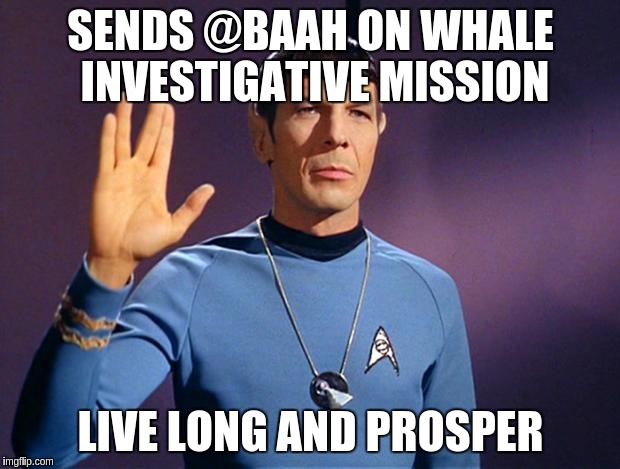 spock live long and prosper | SENDS @BAAH ON WHALE INVESTIGATIVE MISSION; LIVE LONG AND PROSPER | image tagged in spock live long and prosper | made w/ Imgflip meme maker
