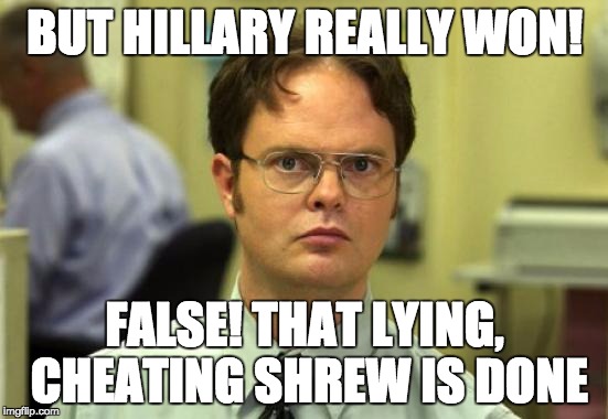 Dwight Schrute Meme | BUT HILLARY REALLY WON! FALSE! THAT LYING, CHEATING SHREW IS DONE | image tagged in memes,dwight schrute | made w/ Imgflip meme maker