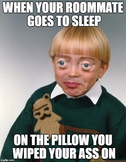 Steve Buscemi Trolling | WHEN YOUR ROOMMATE GOES TO SLEEP; ON THE PILLOW YOU WIPED YOUR ASS ON | image tagged in steve buscemi trolling | made w/ Imgflip meme maker