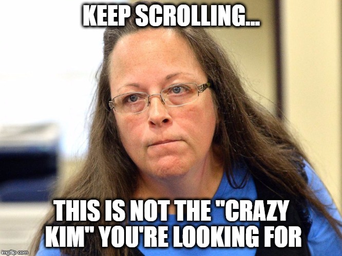 Nope... we're looking for ANOTHER "Crazy Kim" | KEEP SCROLLING... THIS IS NOT THE "CRAZY KIM" YOU'RE LOOKING FOR | image tagged in kim davis,kim jong un,crazy,memes,funny memes,funny because it's true | made w/ Imgflip meme maker