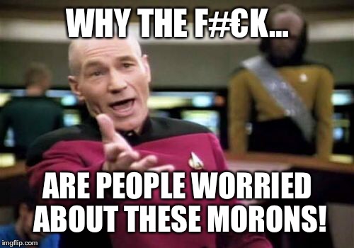 Picard Wtf Meme | WHY THE F#€K… ARE PEOPLE WORRIED ABOUT THESE MORONS! | image tagged in memes,picard wtf | made w/ Imgflip meme maker
