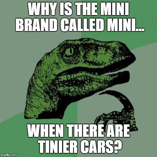 Philosoraptor | WHY IS THE MINI BRAND CALLED MINI... WHEN THERE ARE TINIER CARS? | image tagged in memes,philosoraptor | made w/ Imgflip meme maker