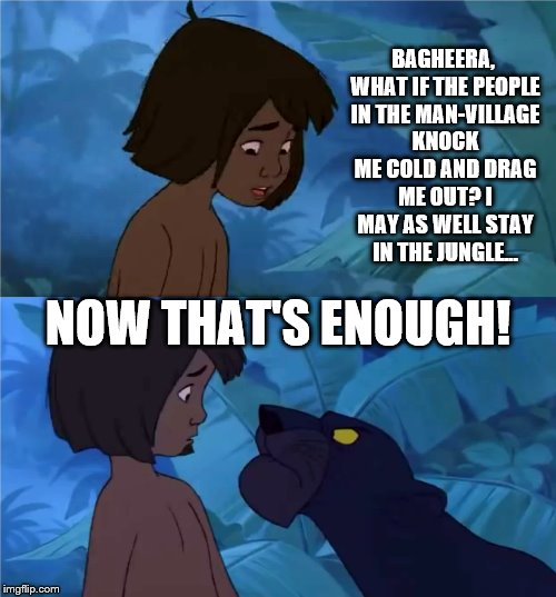 Now that's enough! | BAGHEERA, WHAT IF THE PEOPLE IN THE MAN-VILLAGE KNOCK ME COLD AND DRAG ME OUT? I MAY AS WELL STAY IN THE JUNGLE... NOW THAT'S ENOUGH! | image tagged in the jungle book,now that's enough,bagheera,united airlines passenger removed,mowgli bored/tired | made w/ Imgflip meme maker