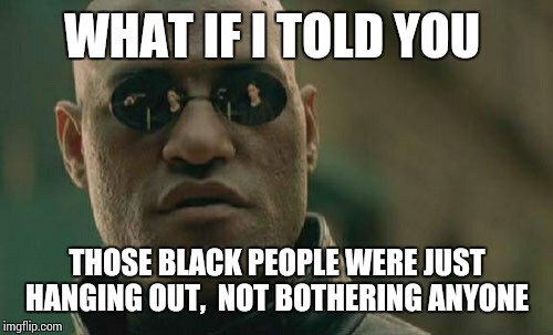 Matrix Morpheus Meme | WHAT IF I TOLD YOU THOSE BLACK PEOPLE WERE JUST HANGING OUT,  NOT BOTHERING ANYONE | image tagged in memes,matrix morpheus | made w/ Imgflip meme maker