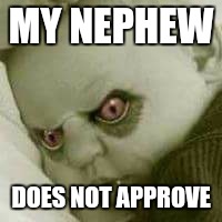 Baby evil | MY NEPHEW; DOES NOT APPROVE | image tagged in babyevil | made w/ Imgflip meme maker