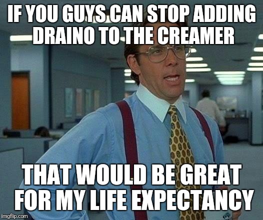 That Would Be Great | IF YOU GUYS CAN STOP ADDING DRAINO TO THE CREAMER; THAT WOULD BE GREAT FOR MY LIFE EXPECTANCY | image tagged in memes,that would be great | made w/ Imgflip meme maker