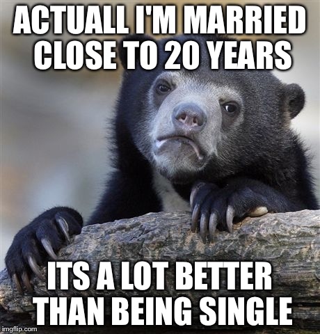 Confession Bear Meme | ACTUALL I'M MARRIED CLOSE TO 20 YEARS ITS A LOT BETTER THAN BEING SINGLE | image tagged in memes,confession bear | made w/ Imgflip meme maker