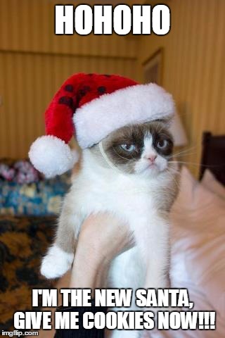 Grumpy Cat Christmas | HOHOHO; I'M THE NEW SANTA, GIVE ME COOKIES NOW!!! | image tagged in memes,grumpy cat christmas,grumpy cat | made w/ Imgflip meme maker