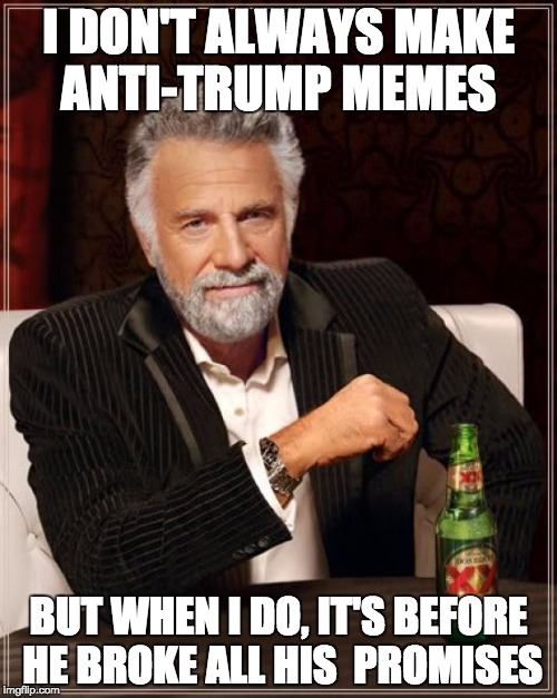 The Most Interesting Man In The World | I DON'T ALWAYS MAKE ANTI-TRUMP MEMES; BUT WHEN I DO, IT'S BEFORE HE BROKE ALL HIS  PROMISES | image tagged in memes,the most interesting man in the world | made w/ Imgflip meme maker