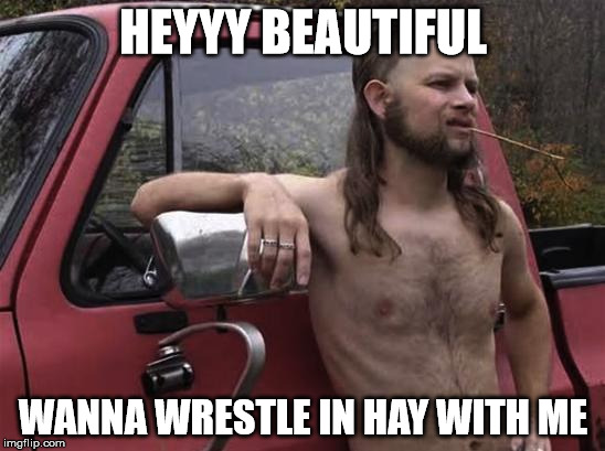 almost politically correct redneck red neck | HEYYY BEAUTIFUL; WANNA WRESTLE IN HAY WITH ME | image tagged in almost politically correct redneck red neck | made w/ Imgflip meme maker