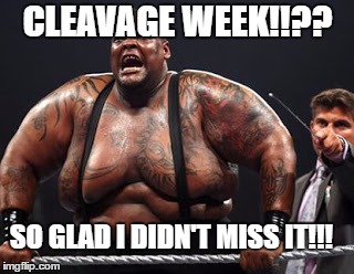 Cleavage week! | CLEAVAGE WEEK!!?? SO GLAD I DIDN'T MISS IT!!! | image tagged in cleavage week,moobs | made w/ Imgflip meme maker
