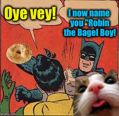 Batmanowitz & Robin The Bagel Boy with Rabbi Fluffy | Oye vey! I now name you "Robin the Bagel Boy! | image tagged in memes,batman slapping robin,evilmandoevil,funny | made w/ Imgflip meme maker