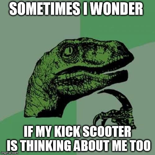 Philosoraptor | SOMETIMES I WONDER; IF MY KICK SCOOTER IS THINKING ABOUT ME TOO | image tagged in memes,philosoraptor | made w/ Imgflip meme maker