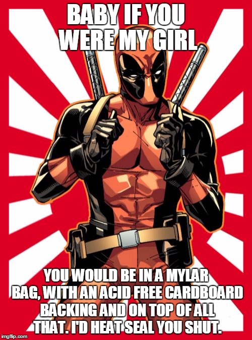 turned out a lot creepier then i planed. | BABY IF YOU WERE MY GIRL; YOU WOULD BE IN A MYLAR BAG, WITH AN ACID FREE CARDBOARD BACKING AND ON TOP OF ALL THAT. I'D HEAT SEAL YOU SHUT. | image tagged in memes,deadpool pick up lines,comic con,collecting,stuck up collector,nerd love | made w/ Imgflip meme maker