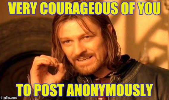One Does Not Simply Meme | VERY COURAGEOUS OF YOU TO POST ANONYMOUSLY | image tagged in memes,one does not simply | made w/ Imgflip meme maker