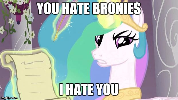 my little pony you failed the ap exam | YOU HATE BRONIES; I HATE YOU | image tagged in my little pony you failed the ap exam | made w/ Imgflip meme maker