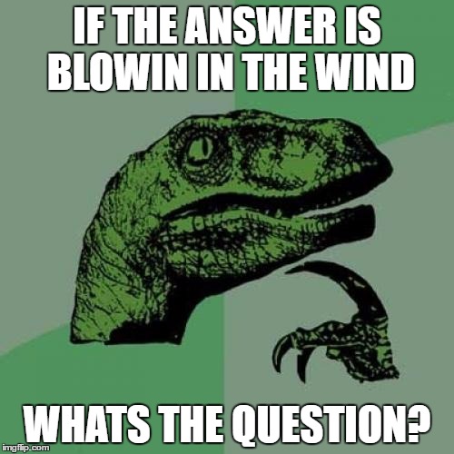 Philosoraptor Meme | IF THE ANSWER IS BLOWIN IN THE WIND; WHATS THE QUESTION? | image tagged in memes,philosoraptor | made w/ Imgflip meme maker