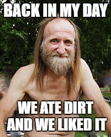 oldman | BACK IN MY DAY; WE ATE DIRT AND WE LIKED IT | image tagged in oldman | made w/ Imgflip meme maker