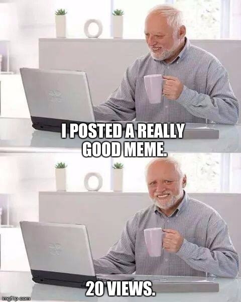 I swear, this happens to me. | I POSTED A REALLY GOOD MEME. 20 VIEWS. | image tagged in memes,hide the pain harold | made w/ Imgflip meme maker