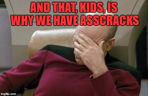 Captain Picard Facepalm Meme | AND THAT, KIDS, IS WHY WE HAVE ASSCRACKS | image tagged in memes,captain picard facepalm | made w/ Imgflip meme maker