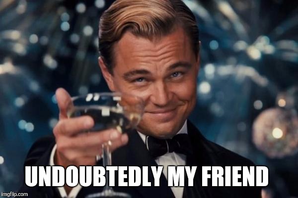 Leonardo Dicaprio Cheers Meme | UNDOUBTEDLY MY FRIEND | image tagged in memes,leonardo dicaprio cheers | made w/ Imgflip meme maker