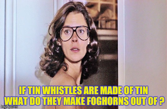 Jobeth Williams | IF TIN WHISTLES ARE MADE OF TIN WHAT DO THEY MAKE FOGHORNS OUT OF ? | image tagged in jobeth williams | made w/ Imgflip meme maker