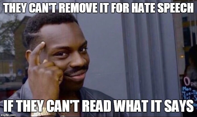 Clever Guy | THEY CAN'T REMOVE IT FOR HATE SPEECH; IF THEY CAN'T READ WHAT IT SAYS | image tagged in clever guy | made w/ Imgflip meme maker