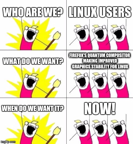 What Do We Want 3 Meme | WHO ARE WE? LINUX USERS; WHAT DO WE WANT? FIREFOX'S QUANTUM COMPOSITOR MAKING IMPROVED GRAPHICS STABILITY FOR LINUX; WHEN DO WE WANT IT? NOW! | image tagged in memes,what do we want 3 | made w/ Imgflip meme maker