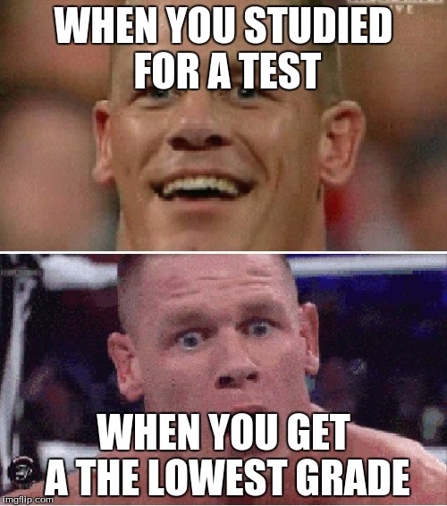 John Cena Happy/Sad | WHEN YOU STUDIED FOR A TEST; WHEN YOU GET A THE LOWEST GRADE | image tagged in john cena happy/sad | made w/ Imgflip meme maker