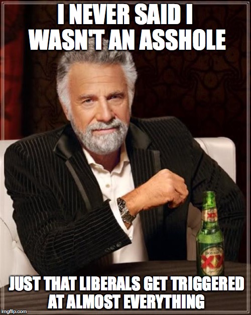 The Most Interesting Man In The World Meme | I NEVER SAID I WASN'T AN ASSHOLE JUST THAT LIBERALS GET TRIGGERED AT ALMOST EVERYTHING | image tagged in memes,the most interesting man in the world | made w/ Imgflip meme maker