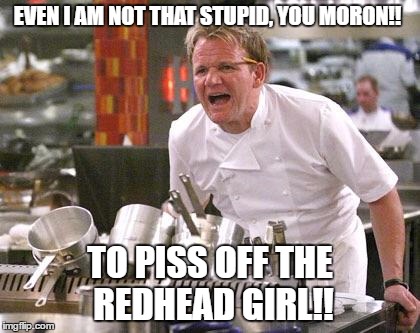 Chef Ramsay | EVEN I AM NOT THAT STUPID, YOU MORON!! TO PISS OFF THE REDHEAD GIRL!! | image tagged in chef ramsay | made w/ Imgflip meme maker