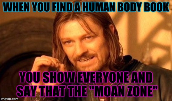 One Does Not Simply | WHEN YOU FIND A HUMAN BODY BOOK; YOU SHOW EVERYONE AND SAY THAT THE "MOAN ZONE" | image tagged in memes,one does not simply | made w/ Imgflip meme maker