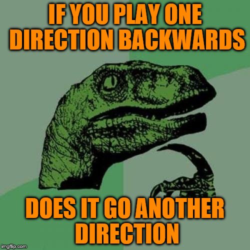 Philosoraptor Meme | IF YOU PLAY ONE DIRECTION BACKWARDS; DOES IT GO ANOTHER DIRECTION | image tagged in memes,philosoraptor | made w/ Imgflip meme maker