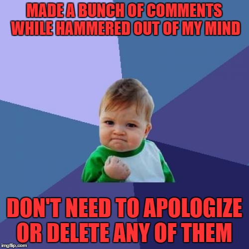 Success Kid Meme | MADE A BUNCH OF COMMENTS WHILE HAMMERED OUT OF MY MIND DON'T NEED TO APOLOGIZE OR DELETE ANY OF THEM | image tagged in memes,success kid | made w/ Imgflip meme maker