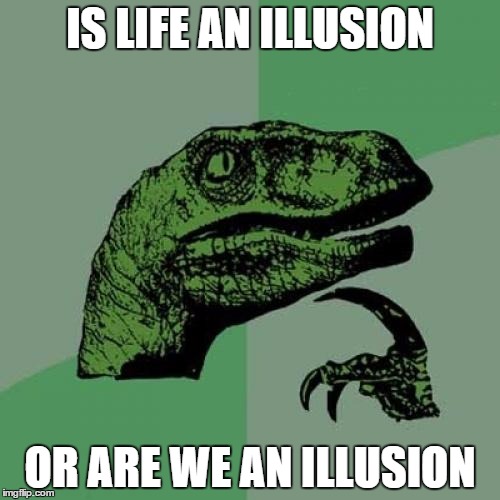 Philosoraptor is getting a bit too philosophical | IS LIFE AN ILLUSION; OR ARE WE AN ILLUSION | image tagged in memes,philosoraptor | made w/ Imgflip meme maker