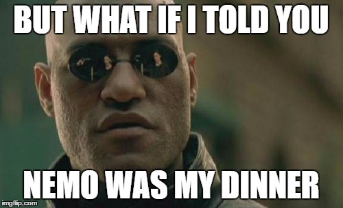 Matrix Morpheus Meme | BUT WHAT IF I TOLD YOU NEMO WAS MY DINNER | image tagged in memes,matrix morpheus | made w/ Imgflip meme maker