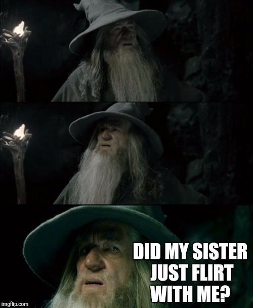 Confused Gandalf | DID MY SISTER JUST FLIRT WITH ME? | image tagged in memes,confused gandalf | made w/ Imgflip meme maker