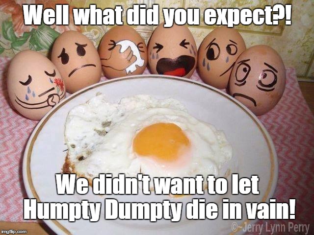 The truth about nursery rhymes... | Well what did you expect?! We didn't want to let Humpty Dumpty die in vain! | image tagged in humpty dumpty | made w/ Imgflip meme maker