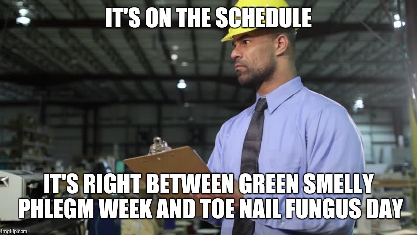 IT'S ON THE SCHEDULE IT'S RIGHT BETWEEN GREEN SMELLY PHLEGM WEEK AND TOE NAIL FUNGUS DAY | made w/ Imgflip meme maker