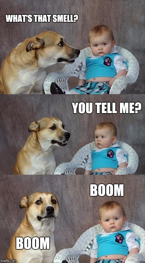 Dad Joke Dog Meme | WHAT'S THAT SMELL? YOU TELL ME? BOOM; BOOM | image tagged in memes,dad joke dog | made w/ Imgflip meme maker
