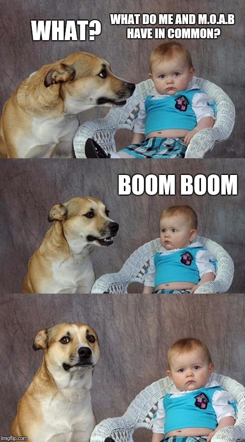 Dad Joke Dog Meme | WHAT DO ME AND M.O.A.B HAVE IN COMMON? WHAT? BOOM BOOM | image tagged in memes,dad joke dog | made w/ Imgflip meme maker