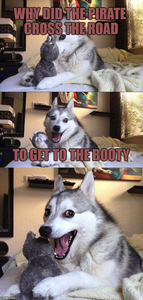 Bad Pun Dog Meme | WHY DID THE PIRATE CROSS THE ROAD; TO GET TO THE BOOTY | image tagged in memes,bad pun dog | made w/ Imgflip meme maker