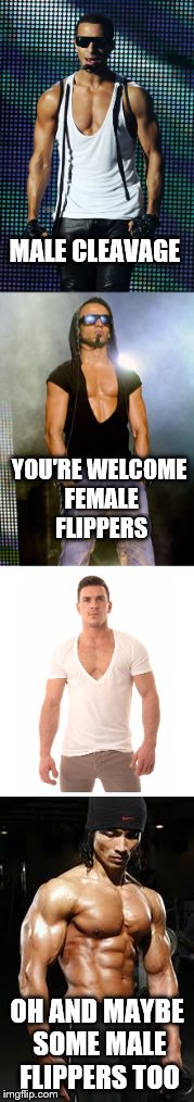 I guess if we have to have cleavage week............ | MALE CLEAVAGE; YOU'RE WELCOME FEMALE FLIPPERS; OH AND MAYBE SOME MALE FLIPPERS TOO | image tagged in cleavage week | made w/ Imgflip meme maker