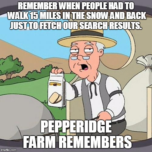 Pepperidge Farm Remembers Meme | REMEMBER WHEN PEOPLE HAD TO WALK 15 MILES IN THE SNOW AND BACK JUST TO FETCH OUR SEARCH RESULTS. PEPPERIDGE FARM REMEMBERS | image tagged in memes,pepperidge farm remembers | made w/ Imgflip meme maker