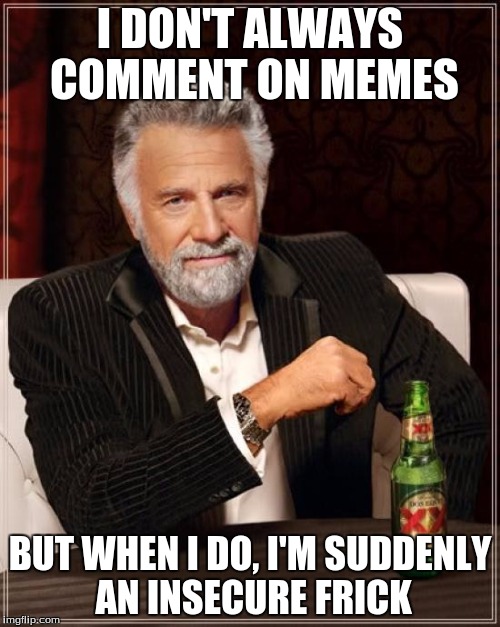 Well damn |  I DON'T ALWAYS COMMENT ON MEMES; BUT WHEN I DO, I'M SUDDENLY AN INSECURE FRICK | image tagged in memes,the most interesting man in the world | made w/ Imgflip meme maker