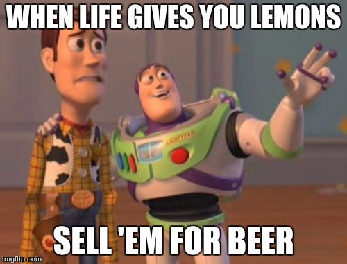 X, X Everywhere Meme | WHEN LIFE GIVES YOU LEMONS; SELL 'EM FOR BEER | image tagged in memes,x x everywhere | made w/ Imgflip meme maker
