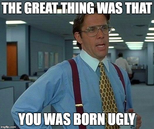 That Would Be Great Meme | THE GREAT THING WAS THAT; YOU WAS BORN UGLY | image tagged in memes,that would be great | made w/ Imgflip meme maker