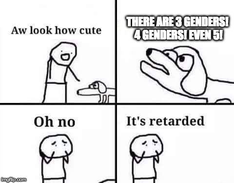 Retarded Gender-nutter | THERE ARE 3 GENDERS! 4 GENDERS! EVEN 5! | image tagged in retarded dog,memes,genders,3 genders 4 genders even 5,t_t | made w/ Imgflip meme maker