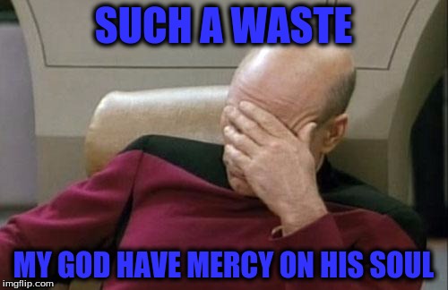 Captain Picard Facepalm Meme | SUCH A WASTE MY GOD HAVE MERCY ON HIS SOUL | image tagged in memes,captain picard facepalm | made w/ Imgflip meme maker