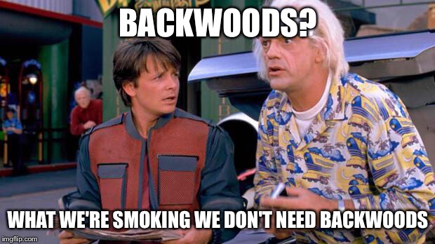 Back to the Future | BACKWOODS? WHAT WE'RE SMOKING WE DON'T NEED BACKWOODS | image tagged in back to the future | made w/ Imgflip meme maker